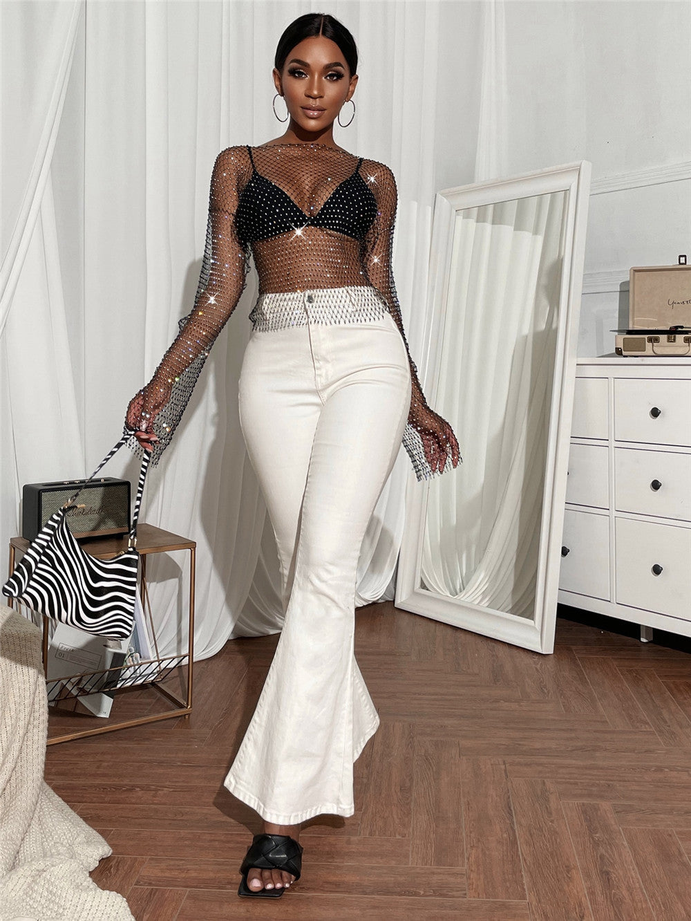 Women's Women Clothing Transparent Sexy Nightclub Women Clothing Grid Rhinestone Round Neck Long Sleeve Top