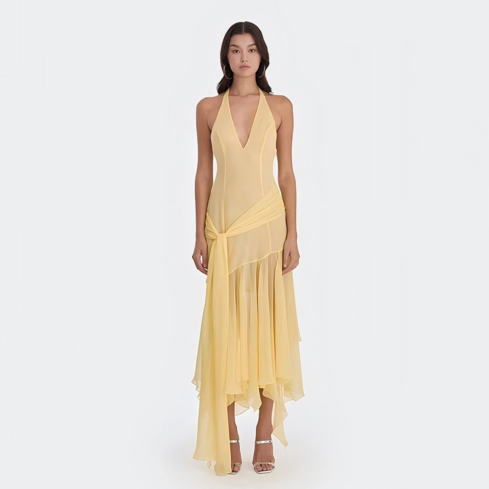 Women's Halter Chiffon Deep-V Sheer Maxi Dress