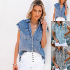 New Sleeveless Denim Shirt Straight Pocket Loose Top for Women