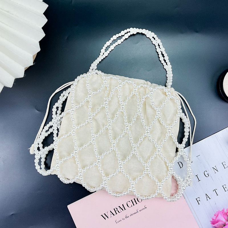 Women's French Vintage Handmade Beaded Bag All Matching Hollow Out Cutout White Imitation Pearl Acrylic Mobile Phone Bag