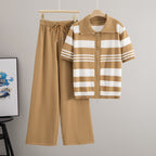 Women's Two Piece Set Polo Collar Stripes Contrast Color Knit Casual