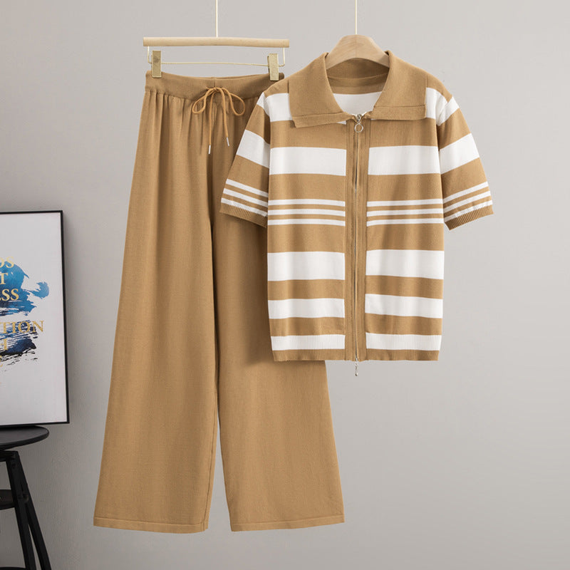 Women's Two Piece Set Polo Collar Stripes Contrast Color Knit Casual