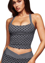 Gray polka-dot halter bra with scoop neckline and layered stretch band