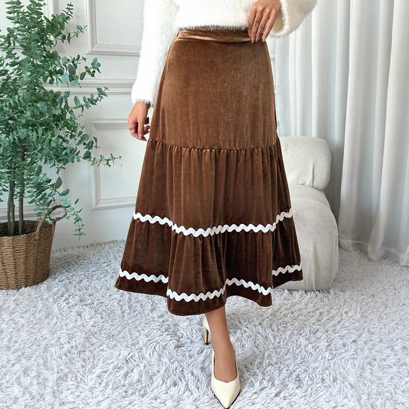 Mid Length Lace Velvet Big Hem A Line Skirt