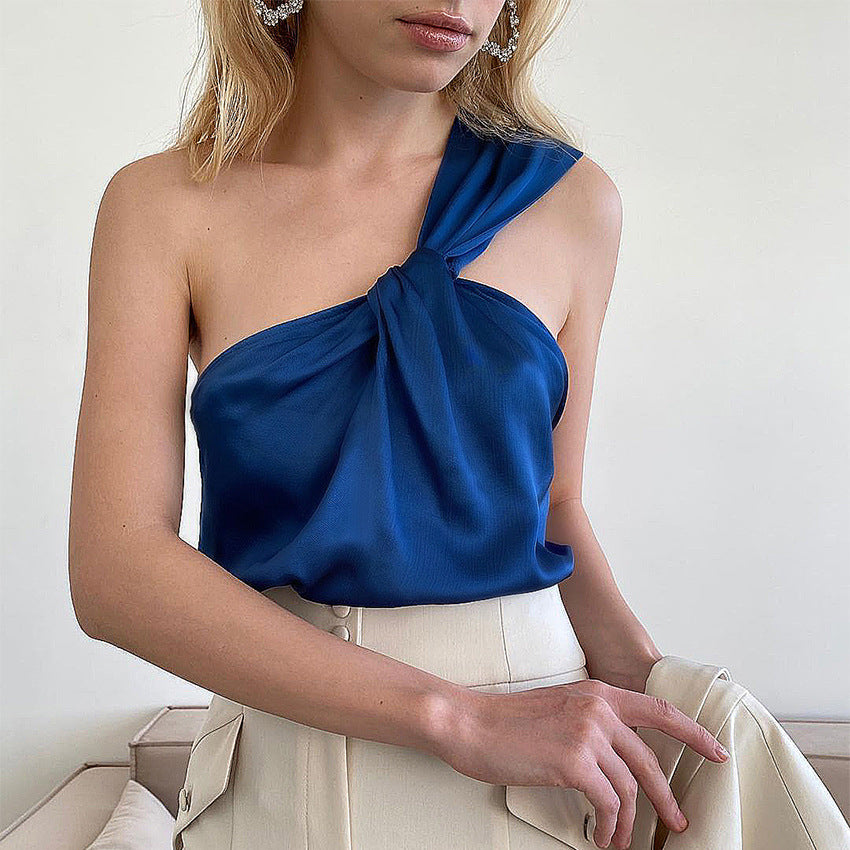 's Vest Oblique Shoulder Satin Base Fashion Klein Blue Top Can