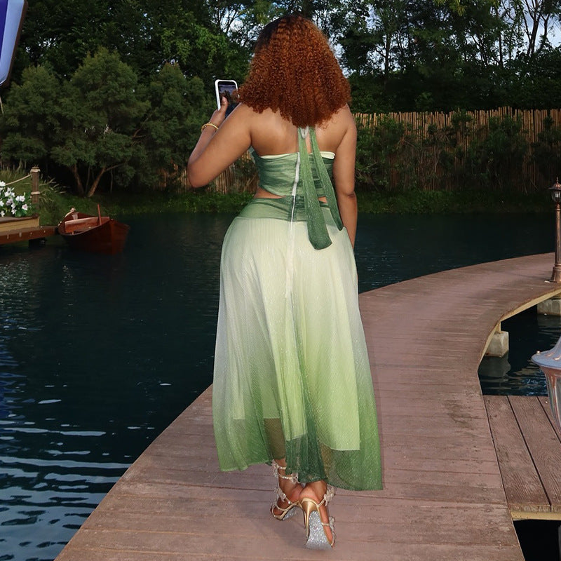 Gradient Color Women Clothing Halter Neck Sleeveless Backless Summer Two Piece Maxi Skirt Set