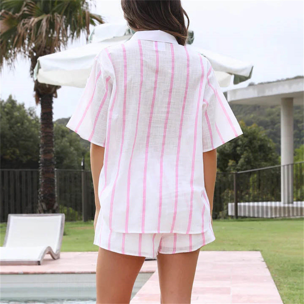 Women's Spring Summer Striped Printed Short-Sleeve Shirt Shorts Suit Beach Casual Two-Piece Suit Clothing