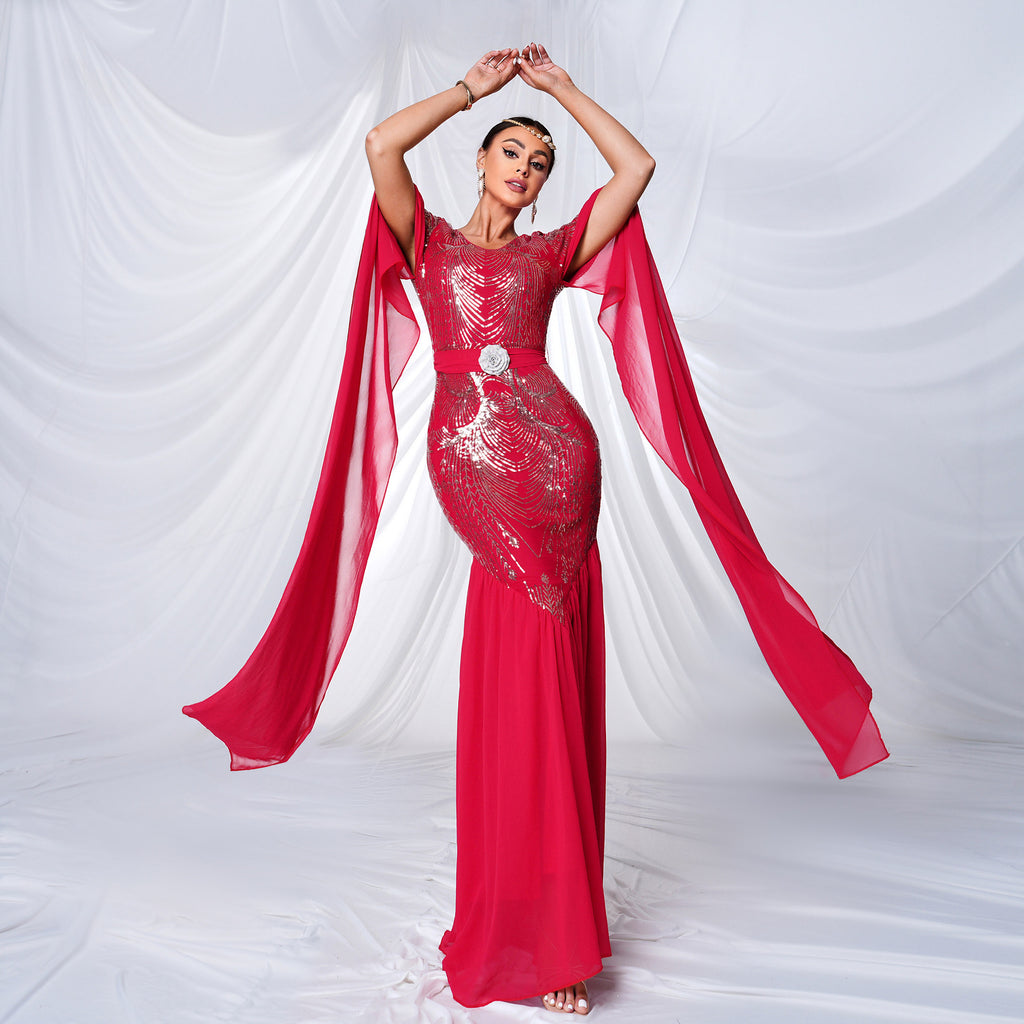 High End Long Sleeved Round Neck Sequ Sheath Cocktail Dress