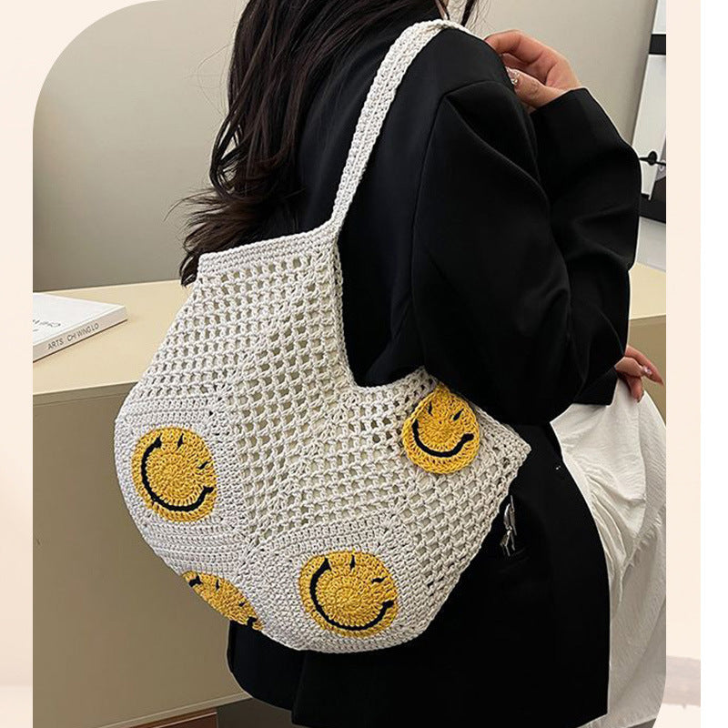 Smiley Woven Straw Shoulder Bag