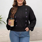 Plus Size Women Sweater Half Turtleneck Lantern Sleeve Floral Embroidery Stickers Pullover Sweater