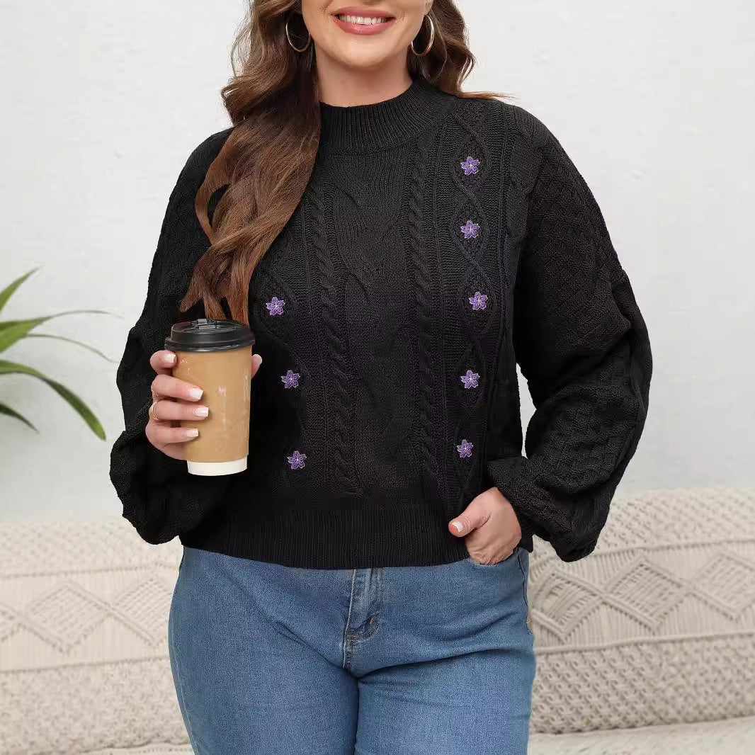 Plus Size Women Sweater Half Turtleneck Lantern Sleeve Floral Embroidery Stickers Pullover Sweater