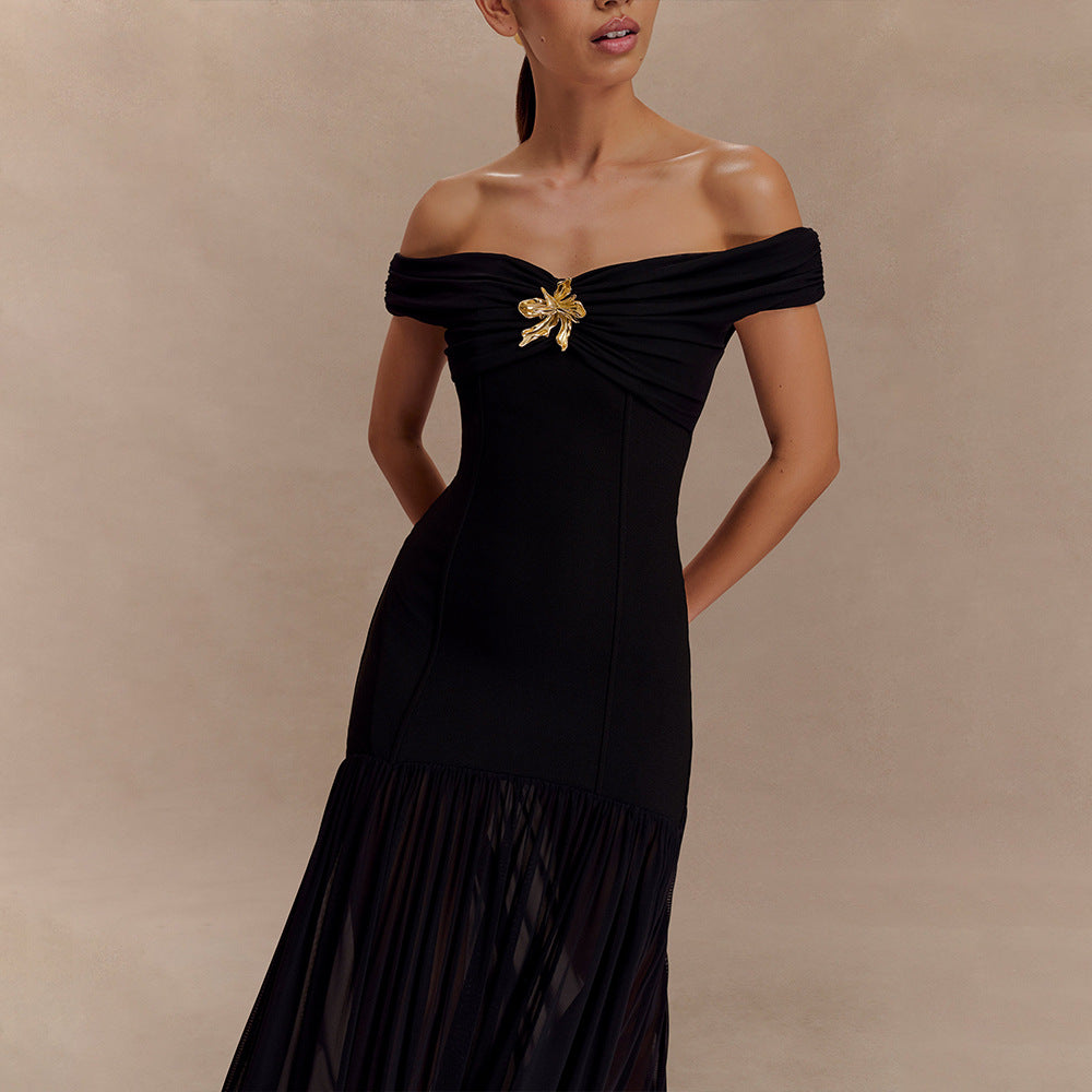 Mesh-Panel Off-Shoulder Ruched Bodycon Maxi Dress