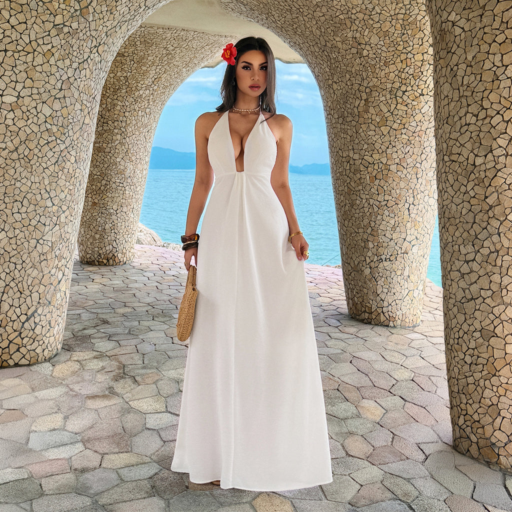 White halter maxi summer dress, flowing ankle-length front view