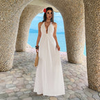 White halter maxi summer dress, front view with tie halter