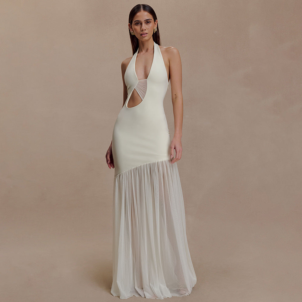 Halter Cutout Asymmetric Bodycon Maxi Dress