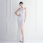 Women's Embellished Micro Glass Bead Beaded Cocktail Evening Dress Elegant Long