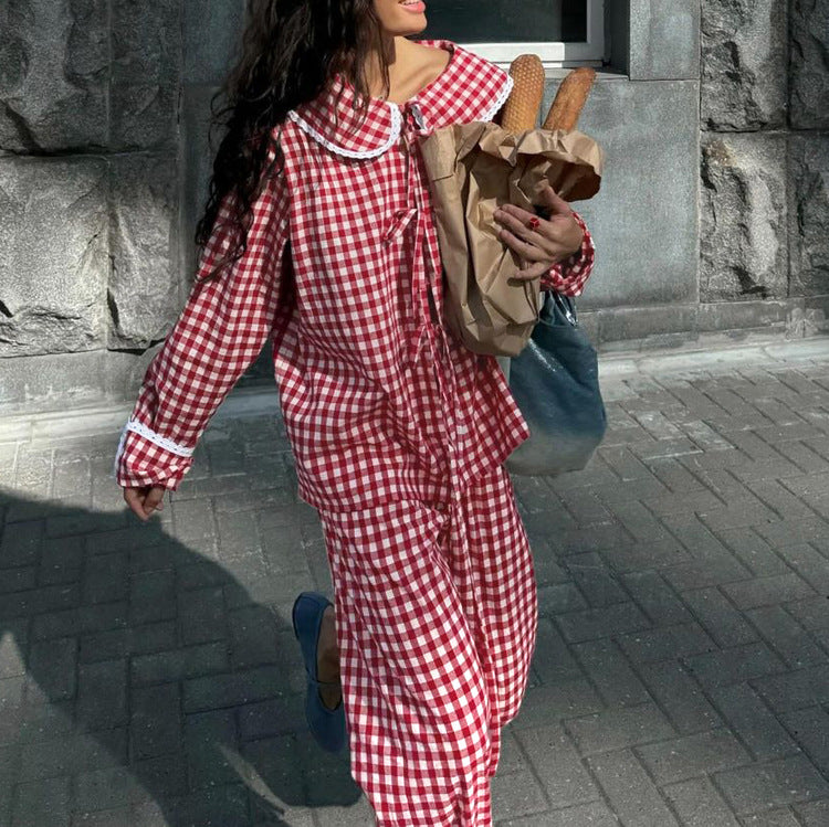 Plaid Shirt Outfit Doll Collar Loose Lace Set