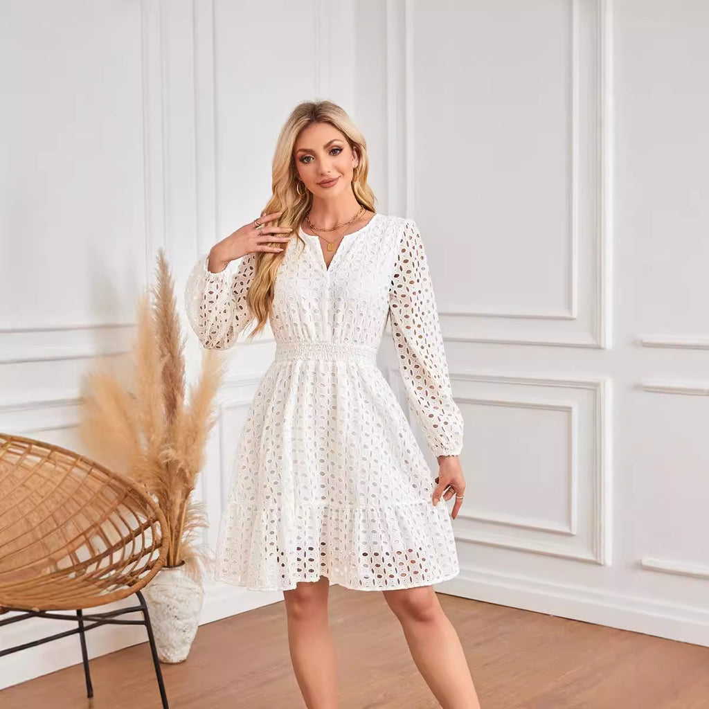 V-Neck Cutout Eyelet Embroidery Pleated Long Sleeve Dress