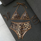 Leopard sequin triangle bikini in gold tone, tie halter top and high-waist bottoms