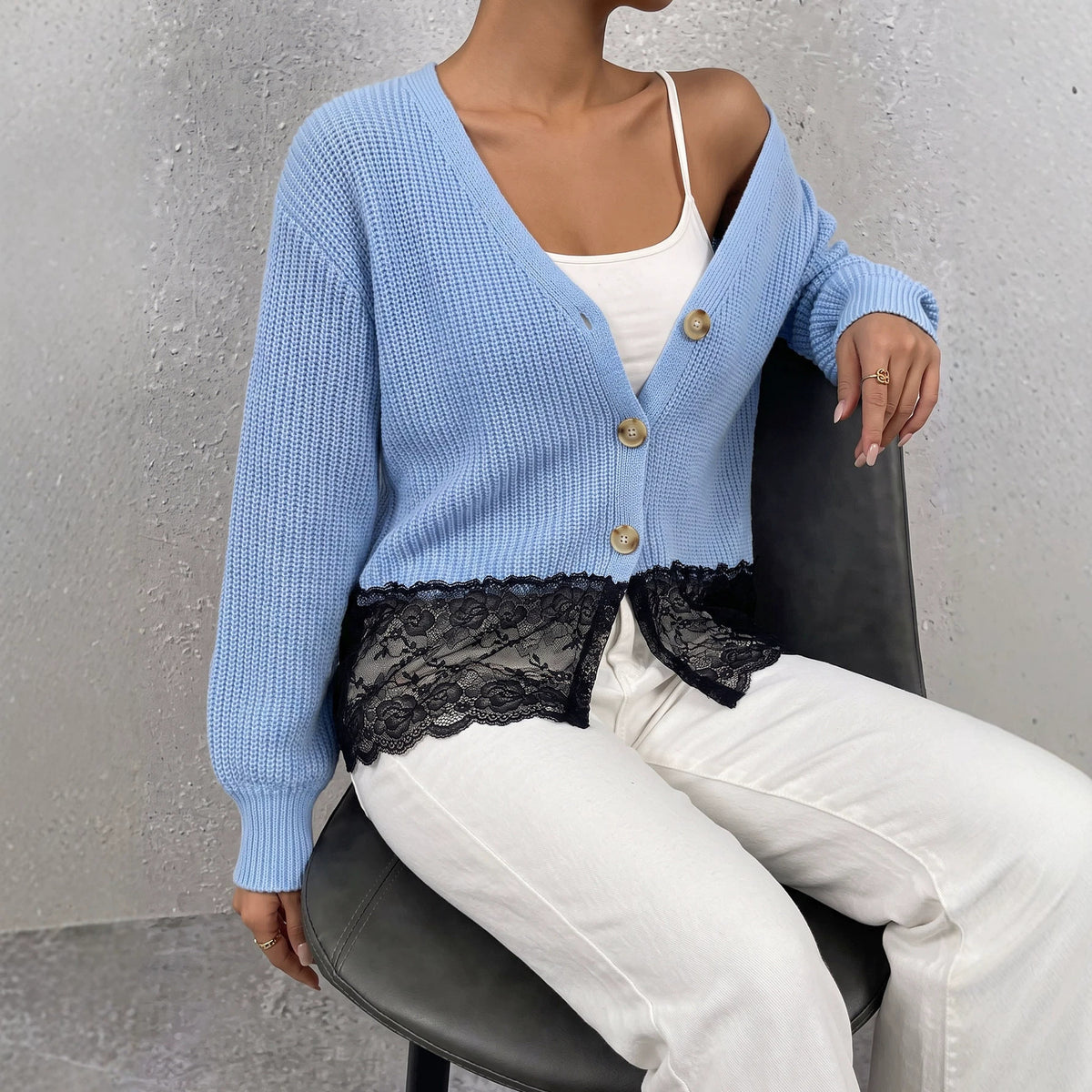 's Autumn Winter Solid Color Buttons Cardigan Lace Stitching Deep V Plunge Short Loose Sweater Ca…