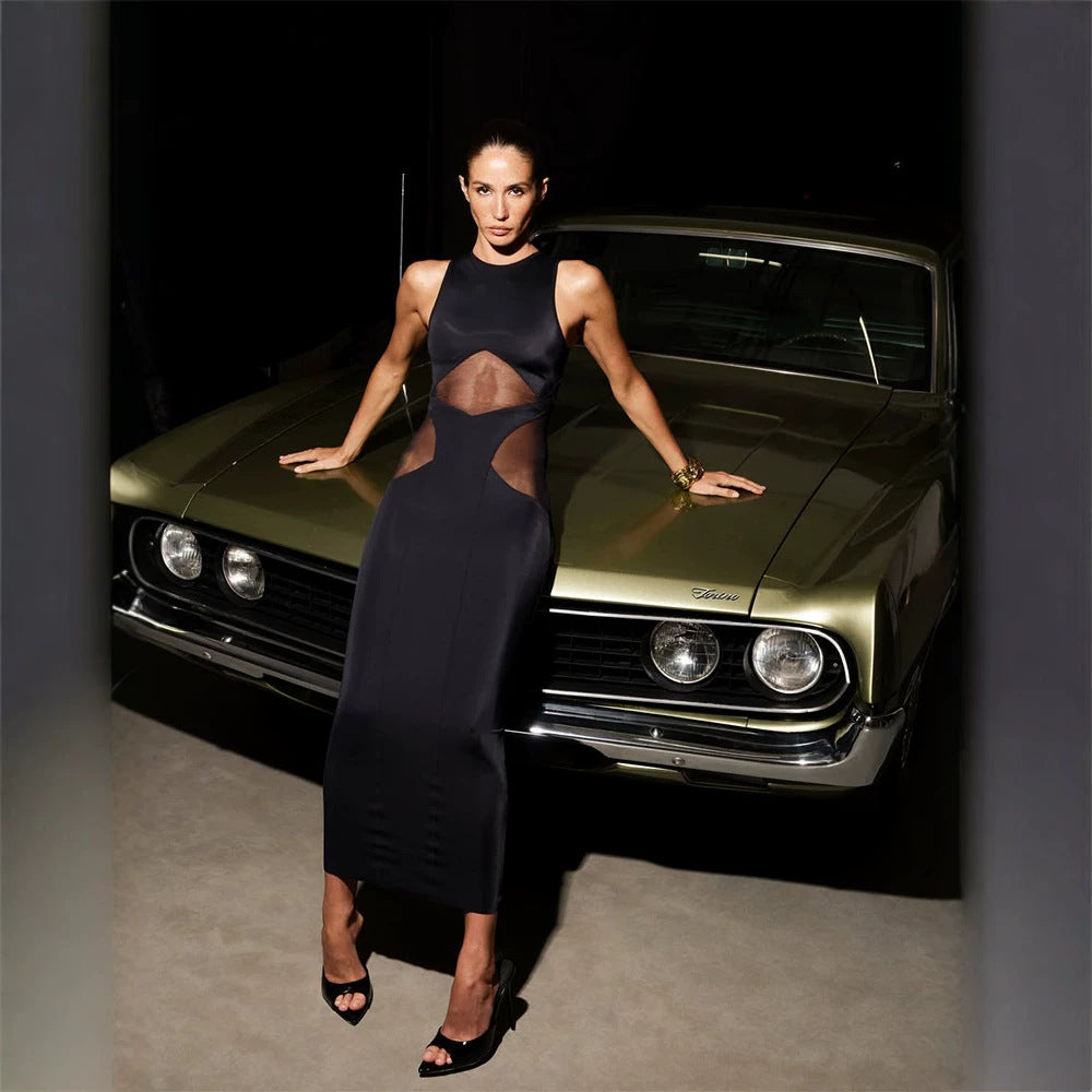 Women's Black Sleeveless Skinny Mesh Stitching See Through Dress