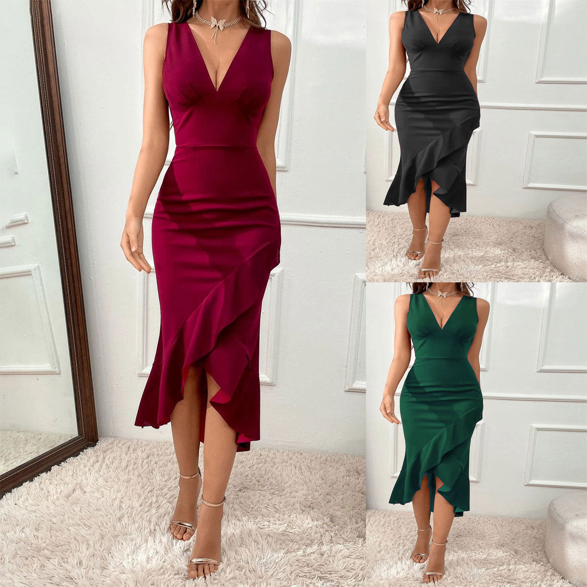 Sheath Swallowtail Dress V-neck Slit Ruffled