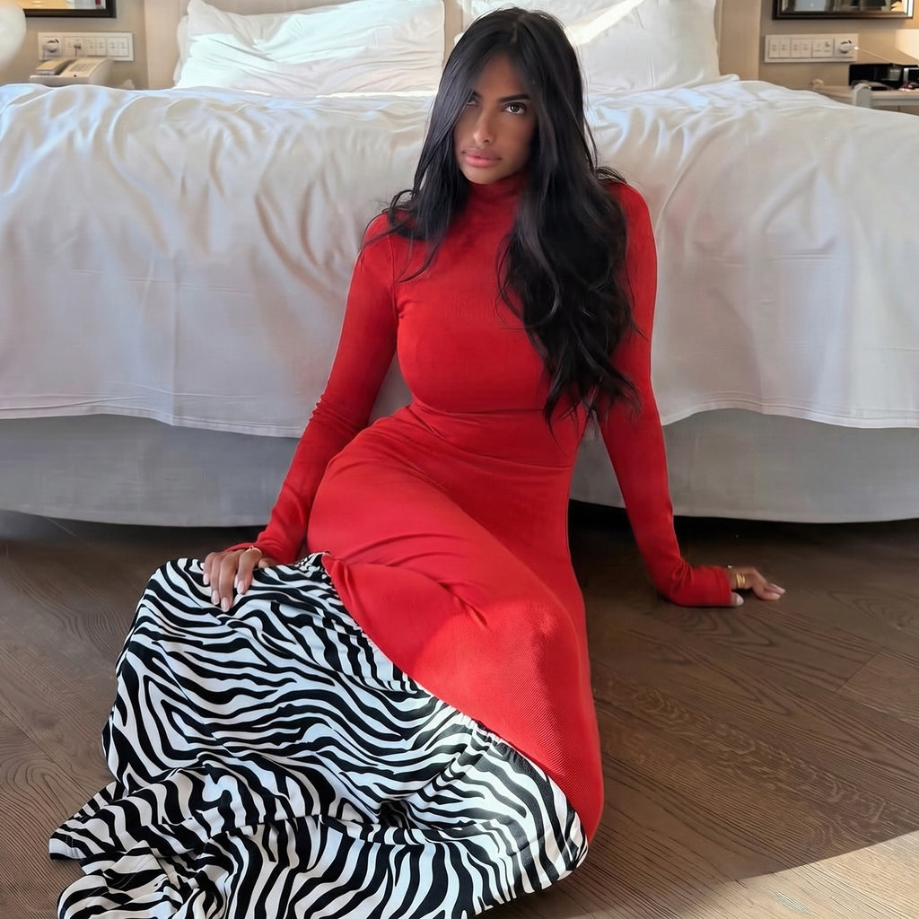 Women's Red Zebra-Print Turtleneck Mini Dress