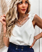Women's Summer Lace Women Top Sleeveless Ruffled Women Clothing V-Neck Top