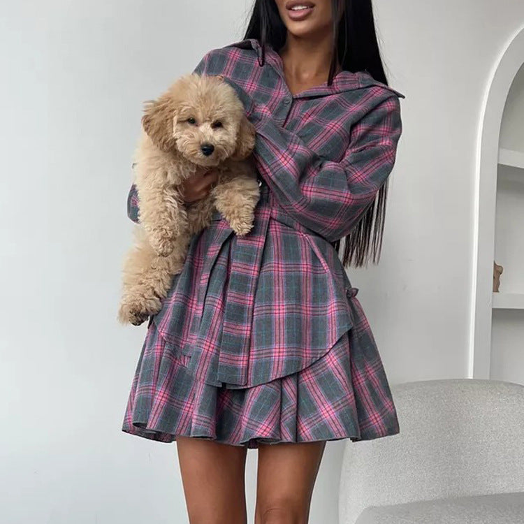 Check Skirt Set Collared Loose Shirt Lace