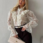 Women's Lace Puff-Sleeve Blouse With Ruffle Details