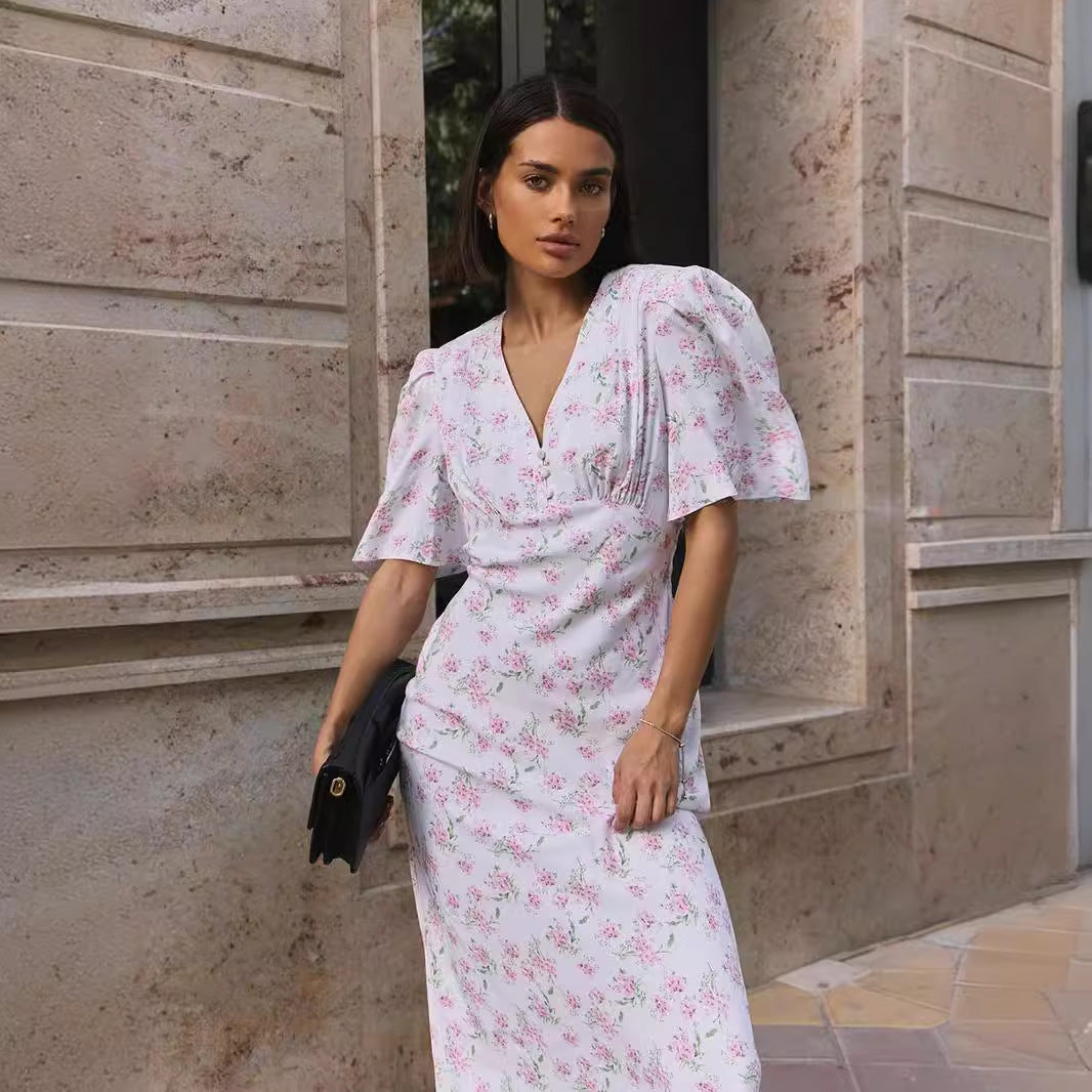 Floral V-Neck Half-Sleeve A-Line Maxi Dress