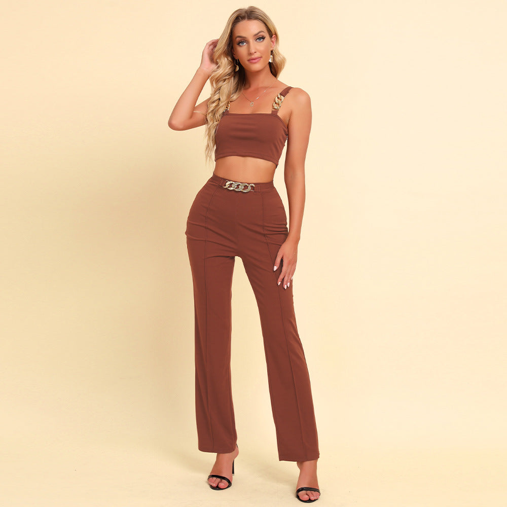 Women's Spring Autumn Sling Slim-Fit Top and Pants Two-Piece Set