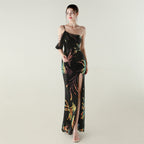Women's One Shoulder Sequin Slit Evening Maxi Dress