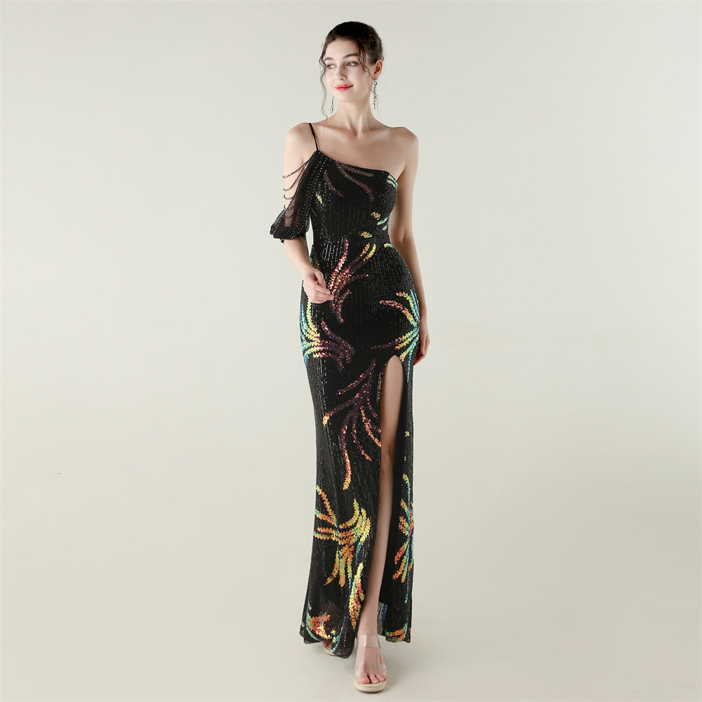 Women's One Shoulder Sequin Slit Evening Maxi Dress