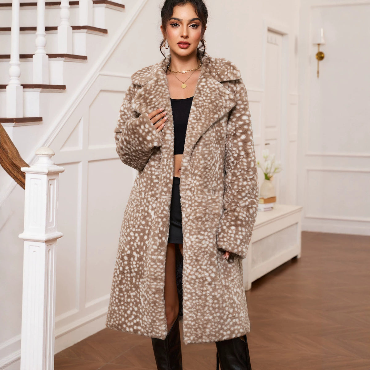 Popular Christmas Deer Faux Fur Plush Collared Coat Long Autumn Winter