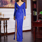 Sequin V-Neck Long-Sleeve Split Bodycon Maxi Dress