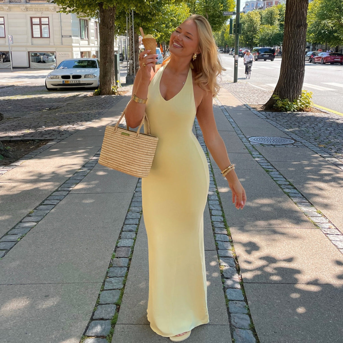 V-Neck Halter Backless High Waist Solid Color Dress