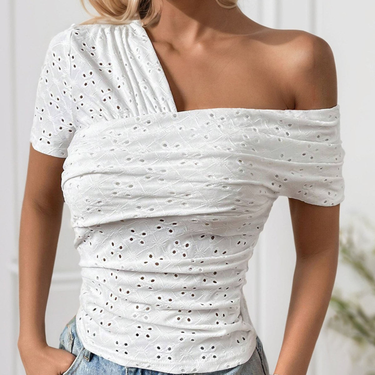 Women's Women's's Collar Short-Sleeved T-Shirt Hollow Out Cutout Shoulder Slim