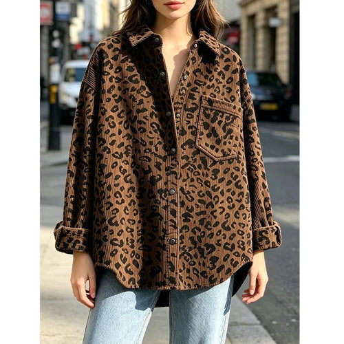 Women’s brown leopard-print corduroy shacket, long sleeves, button front