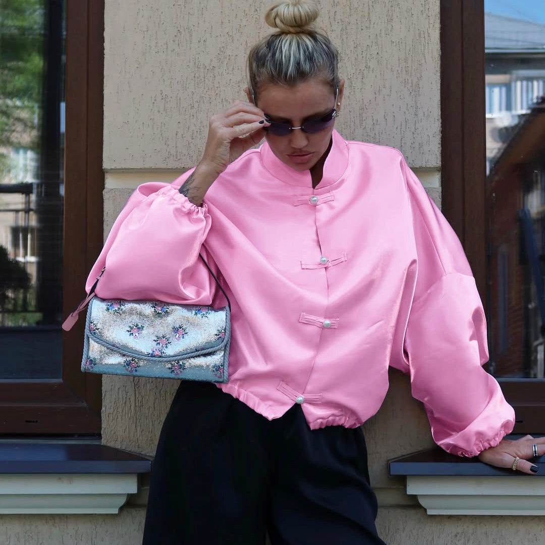 Women's Satin Stand-Collar Button Jacket
