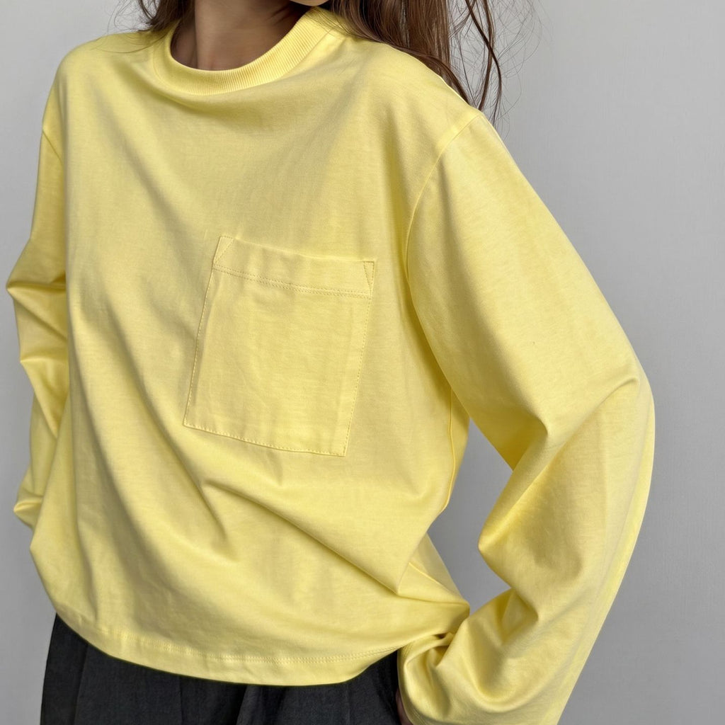 Women's Cotton Pocket Crew Neck Long Sleeve Top