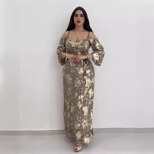 Autumn Printing Gilded Maxi Dress Sling With Shoulder Sleeve Dress