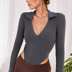 Ribbed Polo Collar Long Sleeve Jumpsuit