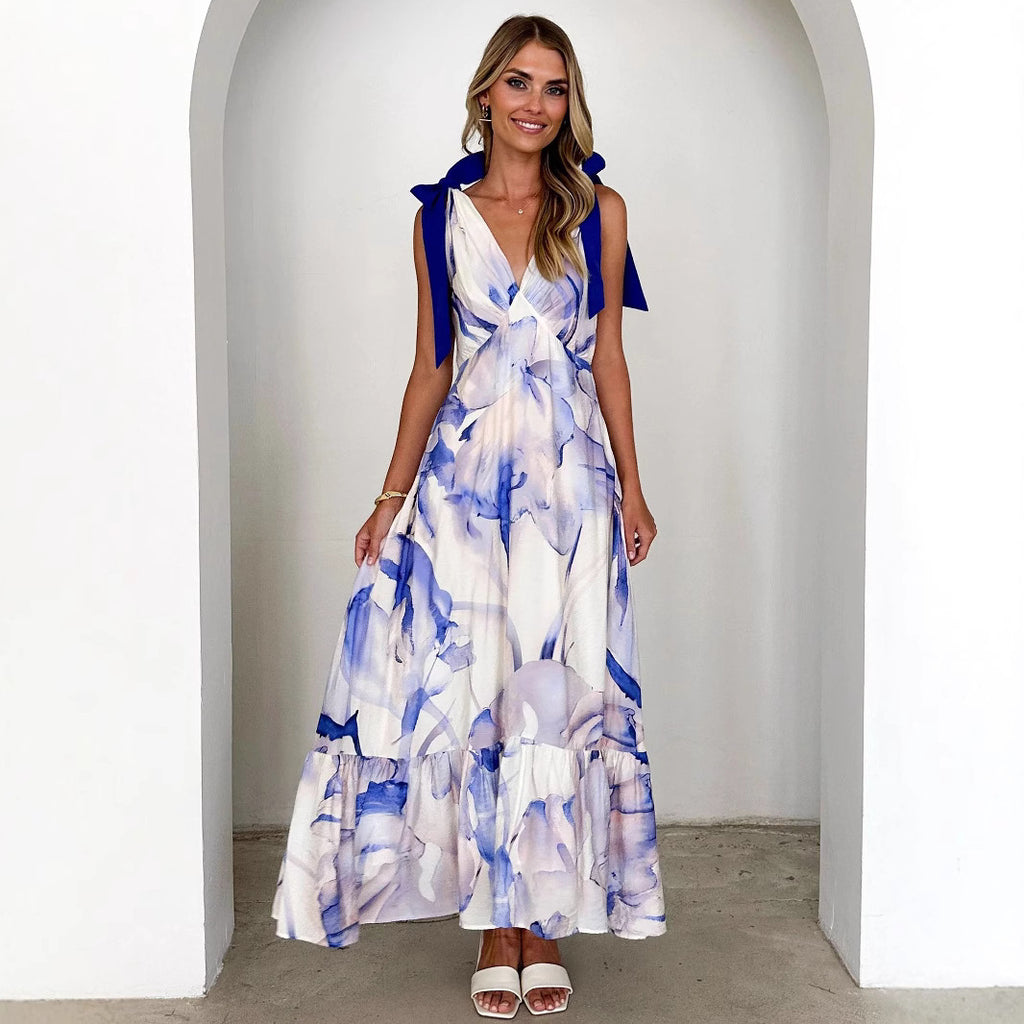 Women's Summer Women Maxi Dress V Neck Sleeveless Printed Dress
