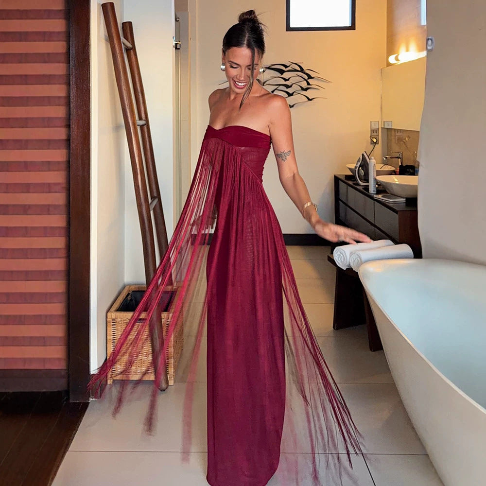 Wine Red Tube Top Tassel Dress High Grade Vacation Dress Seaside Dress