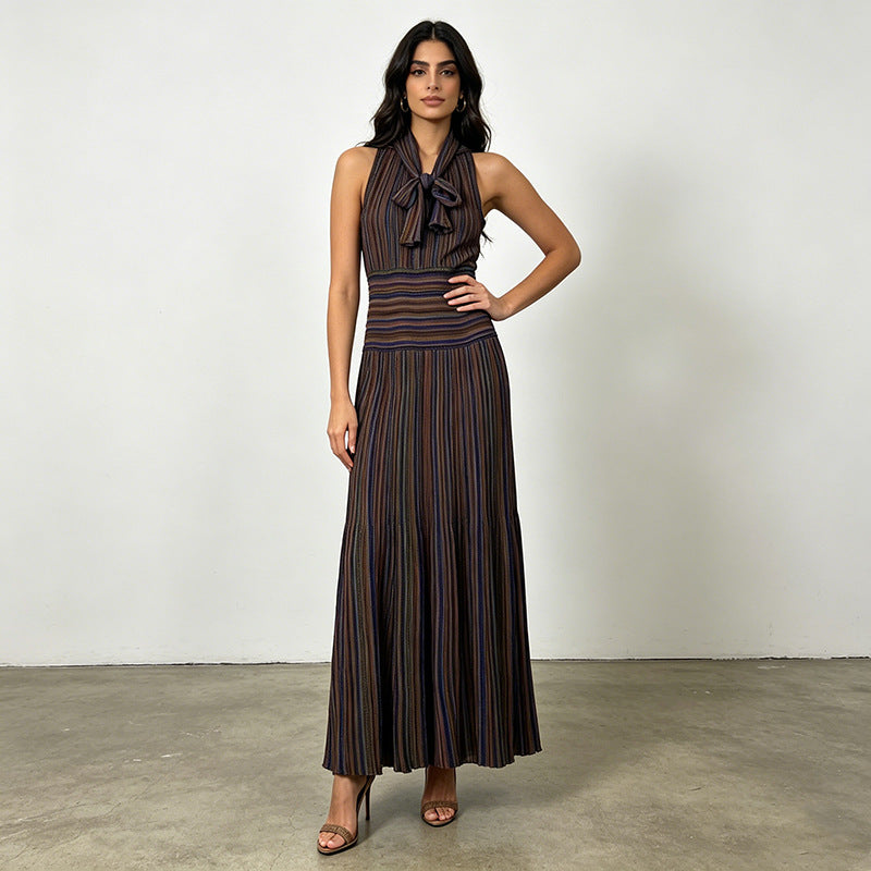 Women's Retro Striped Halter Maxi Dress