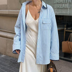 Autumn Winter Casual Relaxed Sense Shacket Striped Contrast Color Binding Loose Shirt Women