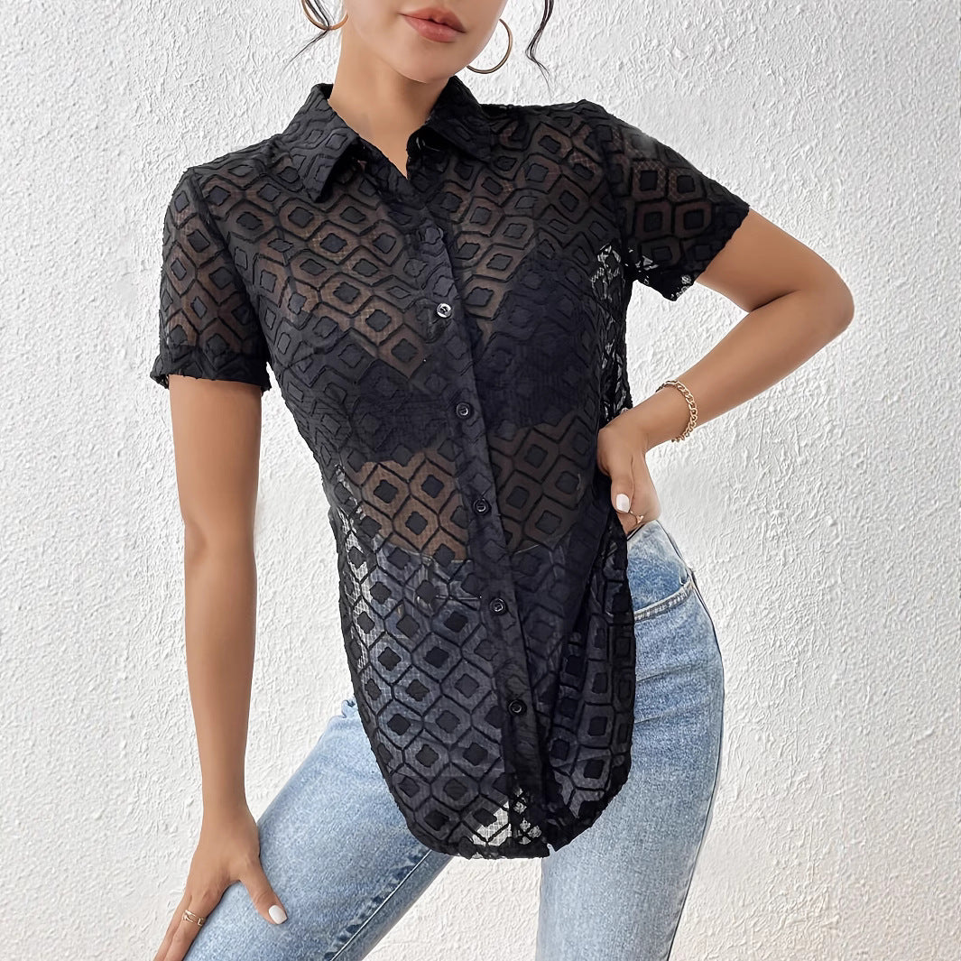 Women's Summer Solid Color Jacquard Chiffon Slit Hemline At Hem Short Sleeved Shirt Women Top