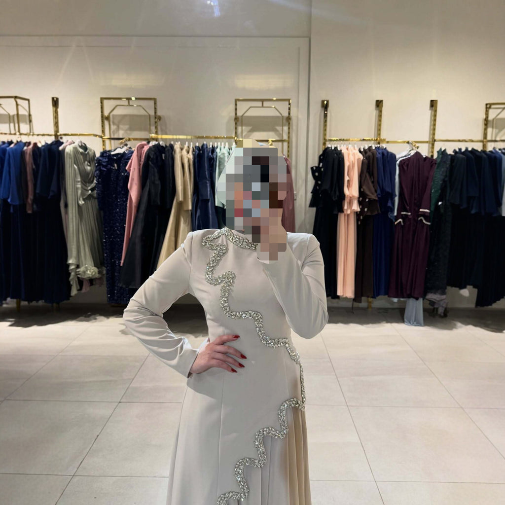 Women's Beaded Ribbon Stand-Collar Maxi Dress