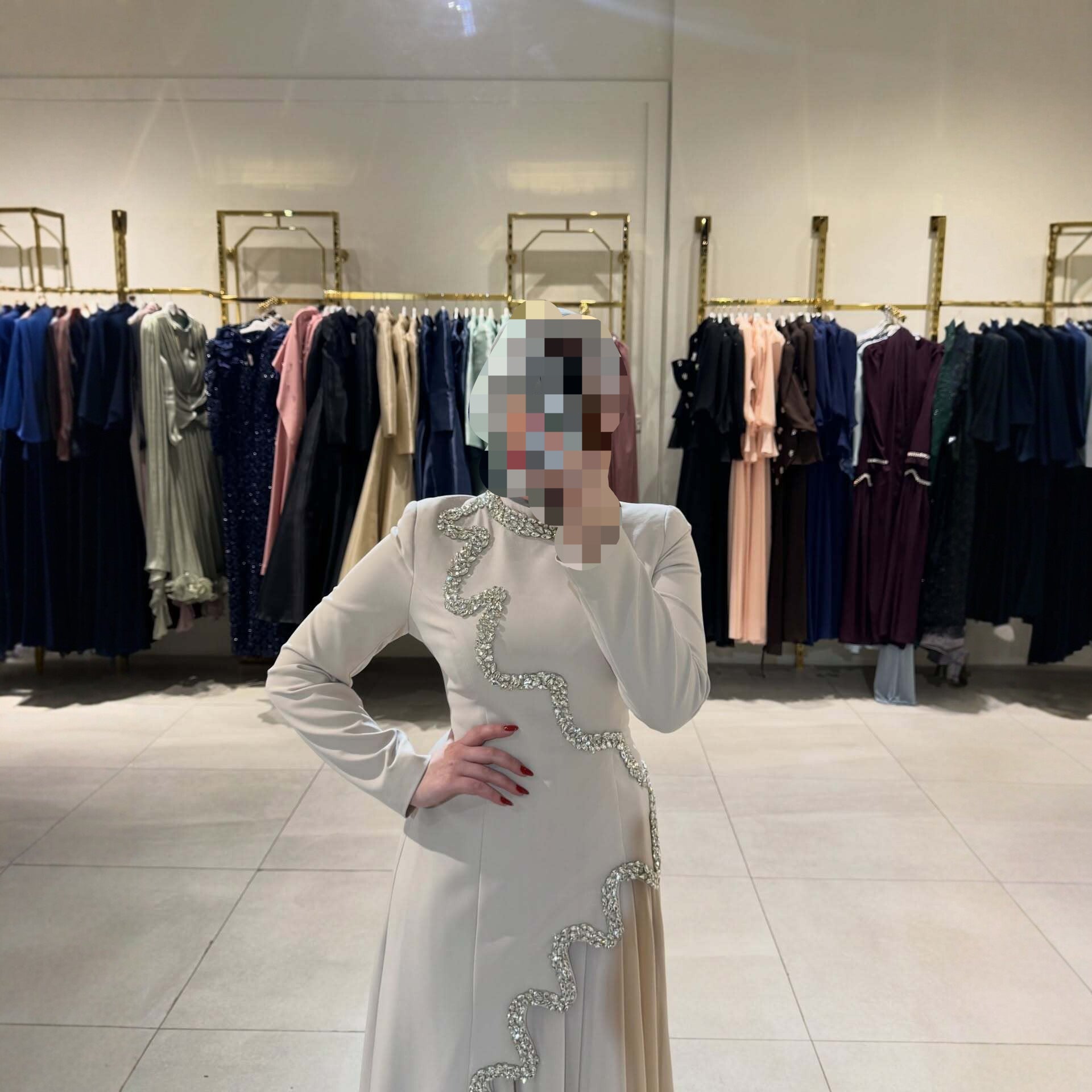 Women's Beaded Ribbon Stand-Collar Maxi Dress